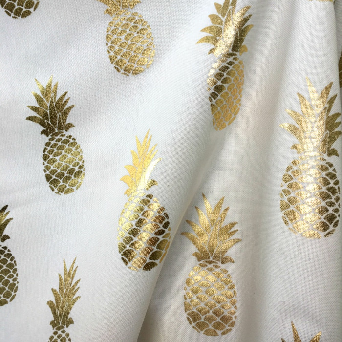 Tissu blanc ananas or x 10 cm