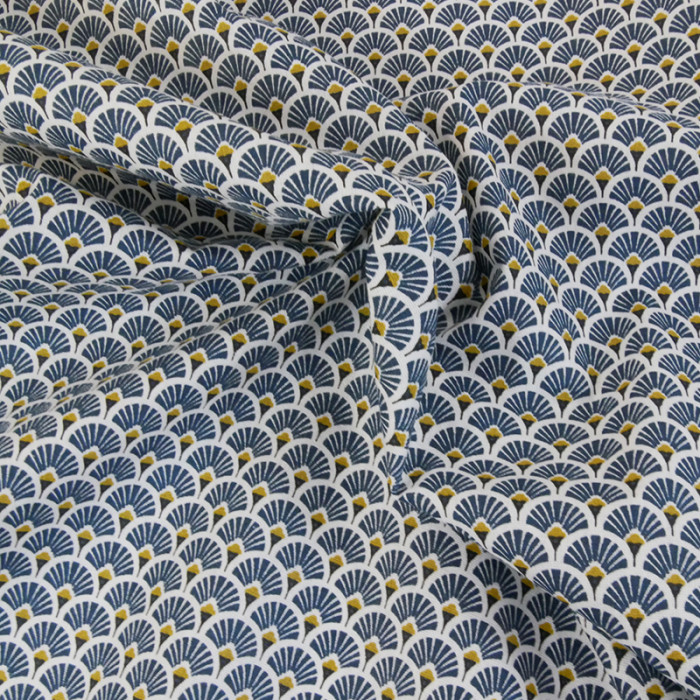 Tissu cretonne éventails dorés - bleu petrole x 10 cm
