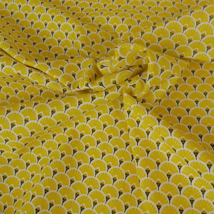 Tissu cretonne éventails dorés - jaune x 10 cm