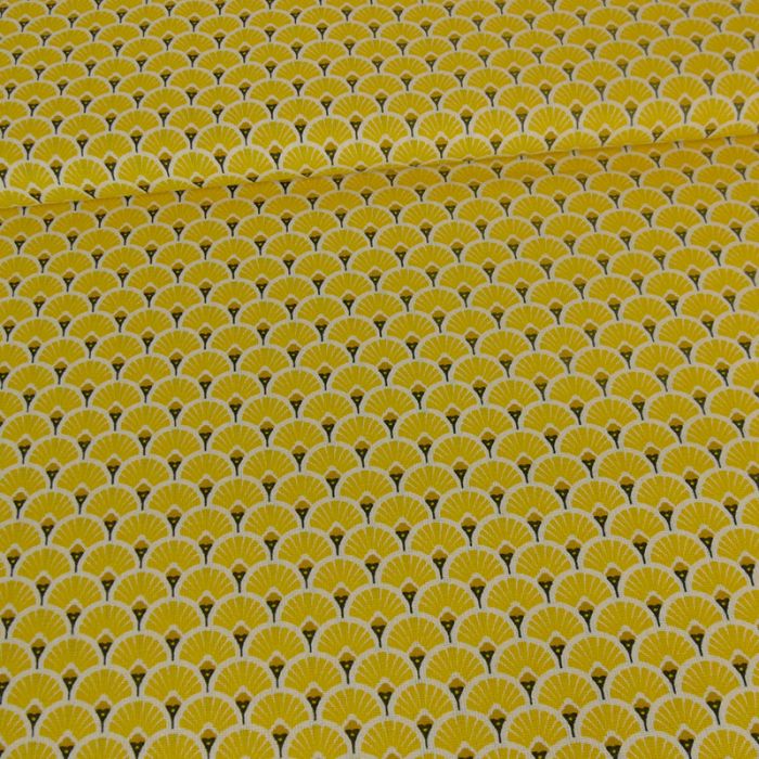 Tissu cretonne éventails dorés - jaune x 10 cm