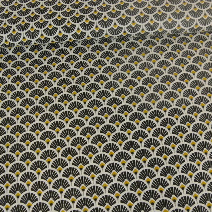 Tissu cretonne éventails dorés - noir x 10 cm