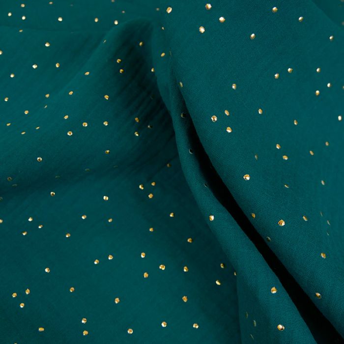 Tissu double gaze pois dorés - bleu canard x 10 cm