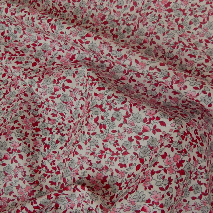 Tissu coton enduit fleurs - rose blanc x 10 cm