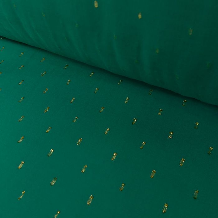 Tissu viscose plumetis dorés vert - France Duval x 10 cm