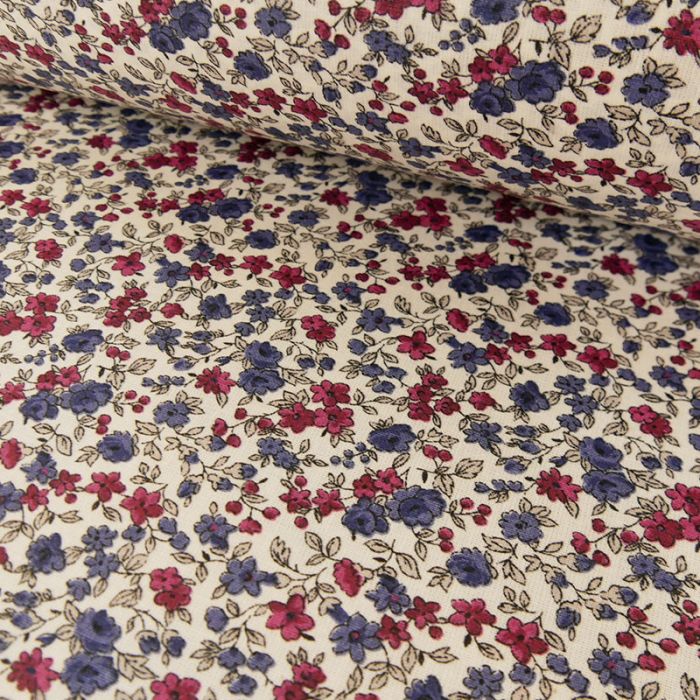 Tissu coton enduit fleurs - rouge bleu x 10 cm