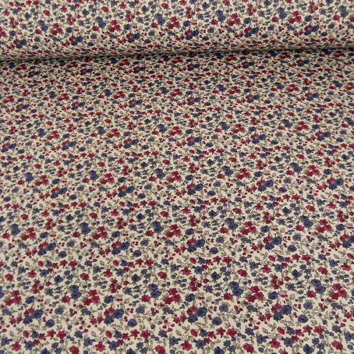 Tissu coton enduit fleurs - rouge bleu x 10 cm