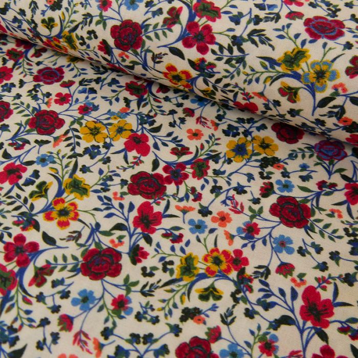Tissu batiste coton fleurs rouges - blanc cassé x 10 cm