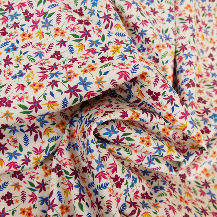 Tissu batiste coton fleurs multicolores  - blanc x 10 cm