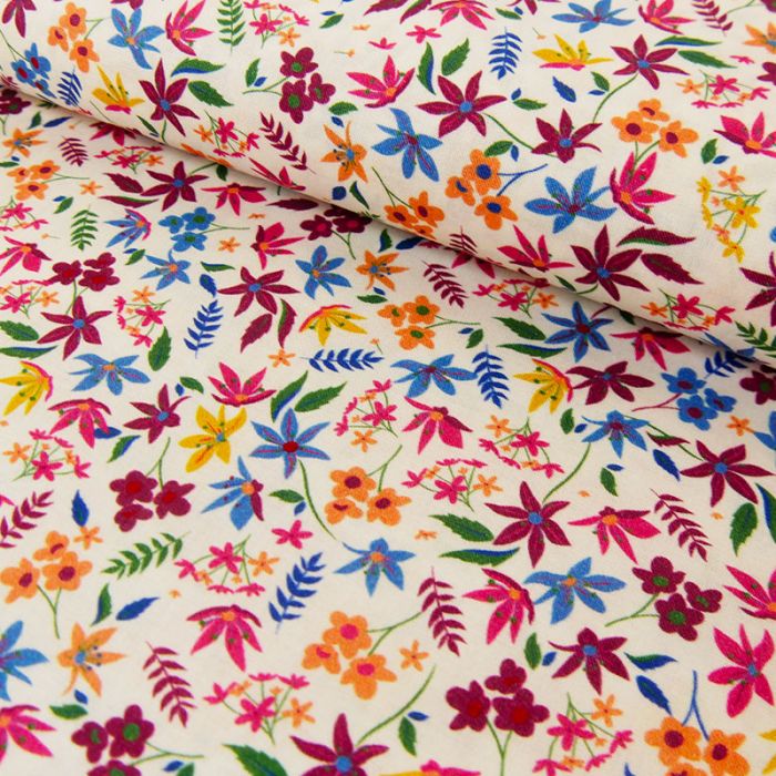 Tissu batiste coton fleurs multicolores  - blanc x 10 cm