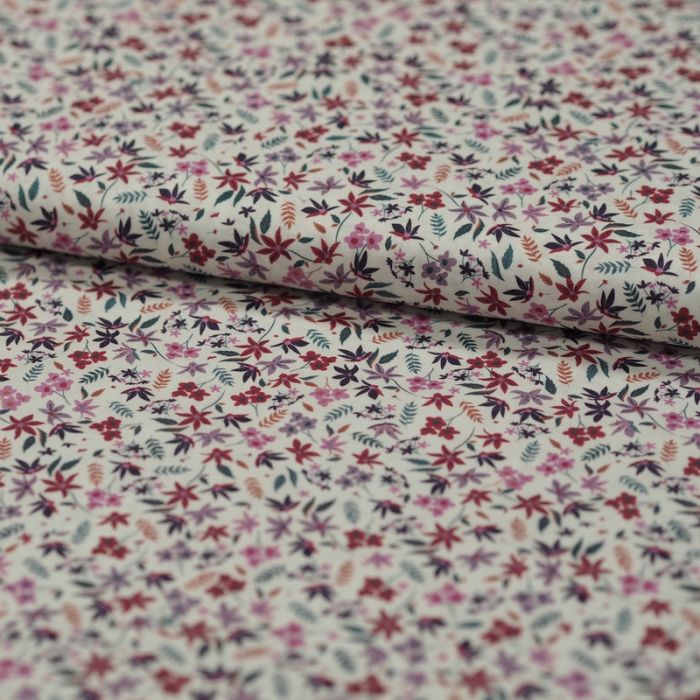 Tissu batiste coton feuilles - rose x 10 cm