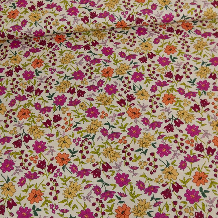Tissu batiste coton fleurs - rose fuchsia x 10 cm