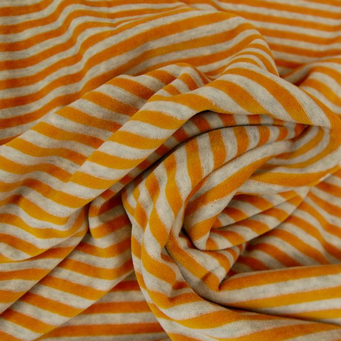 Tissu jersey velours pilou rayures orange - gris clair x 10 cm