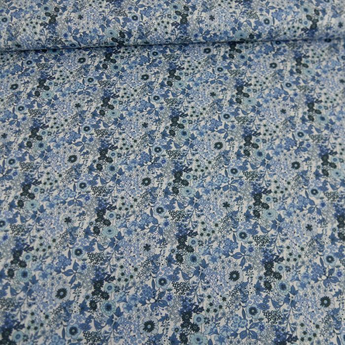 Tissu batiste coton bouquet fleurs - bleu x 10 cm