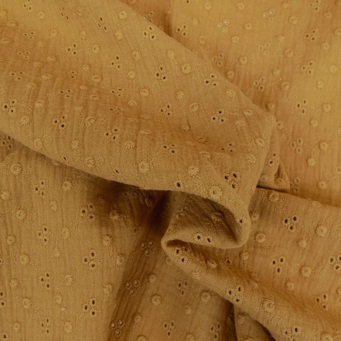 Tissu double gaze brodée - camel x 10cm