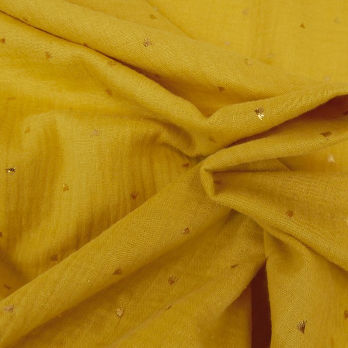 Tissu double gaze éventails dorés - moutarde x 10cm