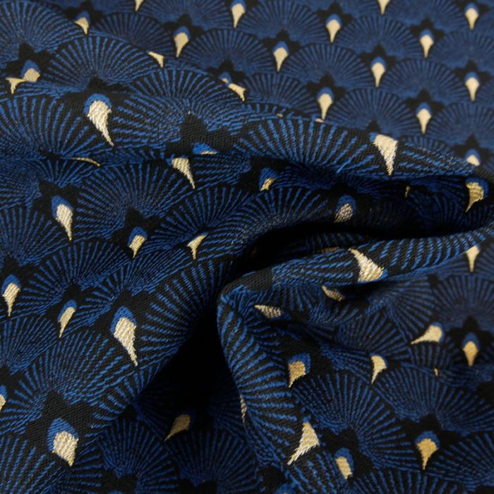 Tissu jacquard éventails or - bleu x 10 cm