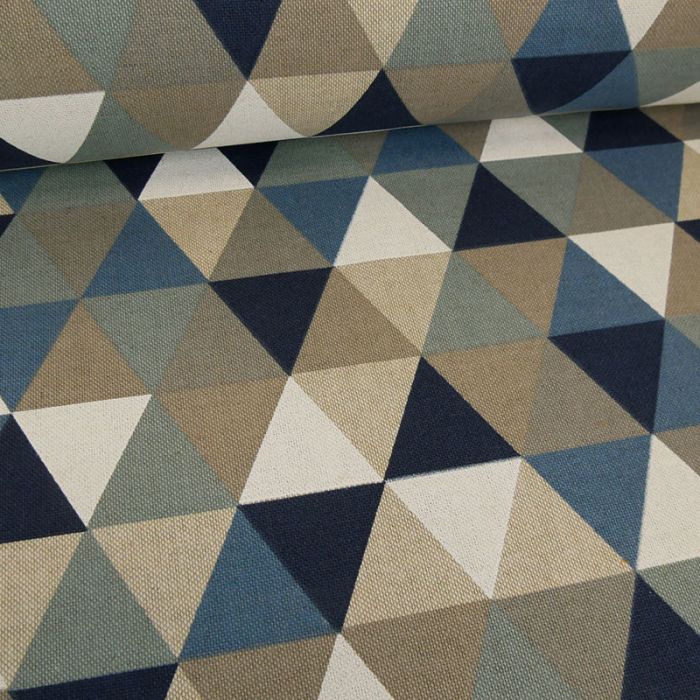 Tissu coton effet lin triangles - bleu x 10 cm