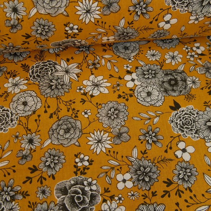 Tissu cretonne à fleurs - moutarde x 10 cm