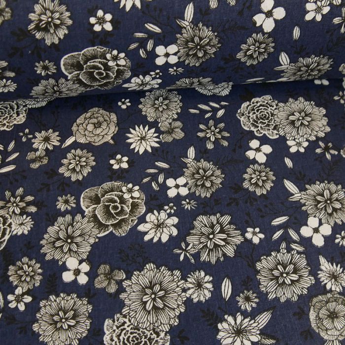 Tissu cretonne à fleurs - bleu marine x 10 cm