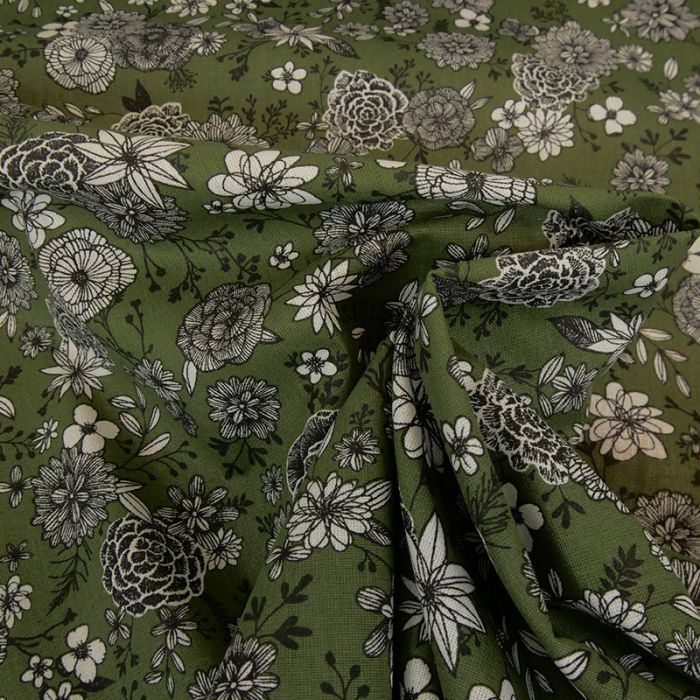 Tissu cretonne à fleurs - kaki x 10 cm