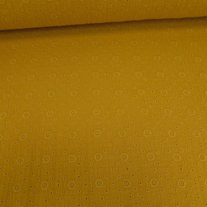 Tissu double gaze brodée Inès - moutarde x 10cm