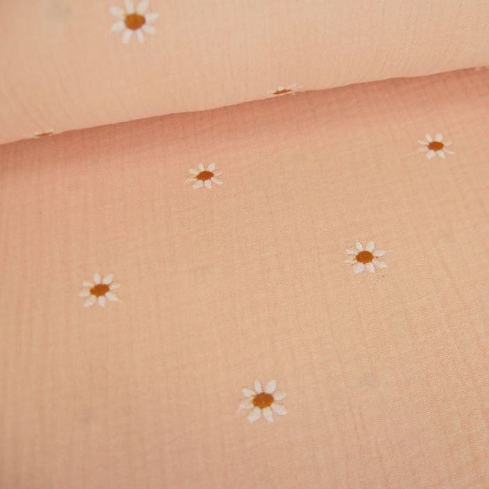 Tissu double gaze marguerites brodées - rose poudre x 10cm