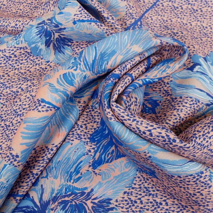Tissu crêpe de viscose fleurs pavots - bleu x 10 cm