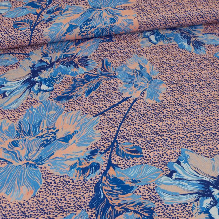 Tissu crêpe de viscose fleurs pavots - bleu x 10 cm