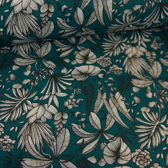 Tissu cretonne feuilles tropicales - canard x 10 cm