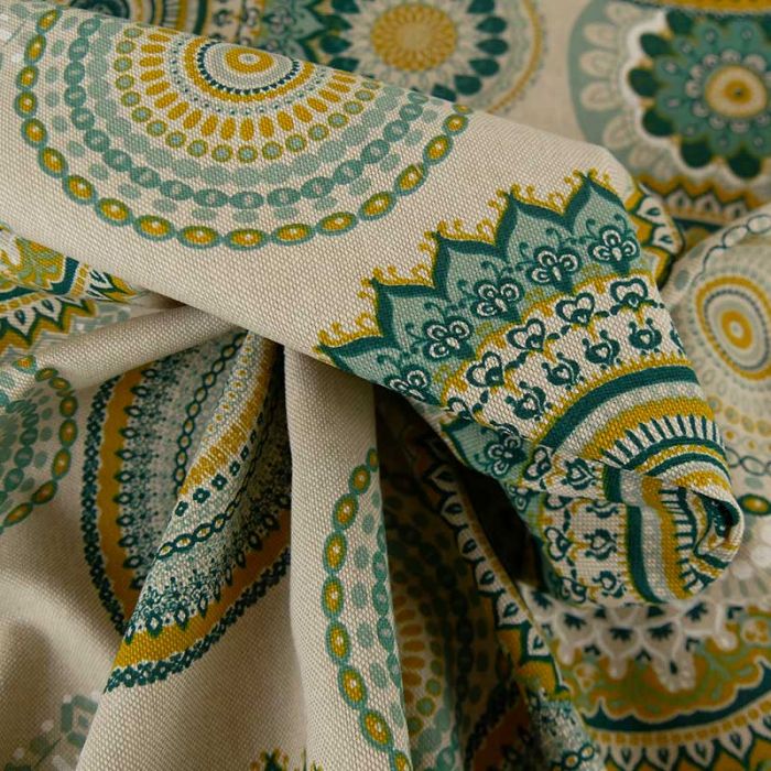 Tissu coton effet lin mandalas verts - beige x 10 cm