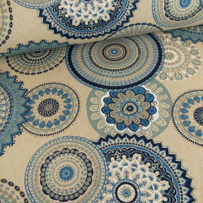 Tissu coton effet lin mandalas bleus - beige x 10 cm