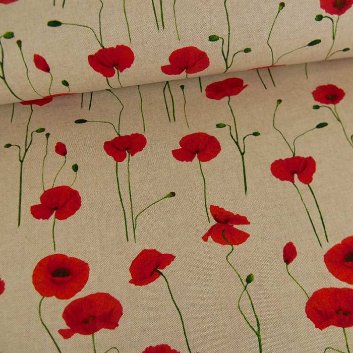 Tissu coton effet lin champ de coquelicots - beige x 10 cm