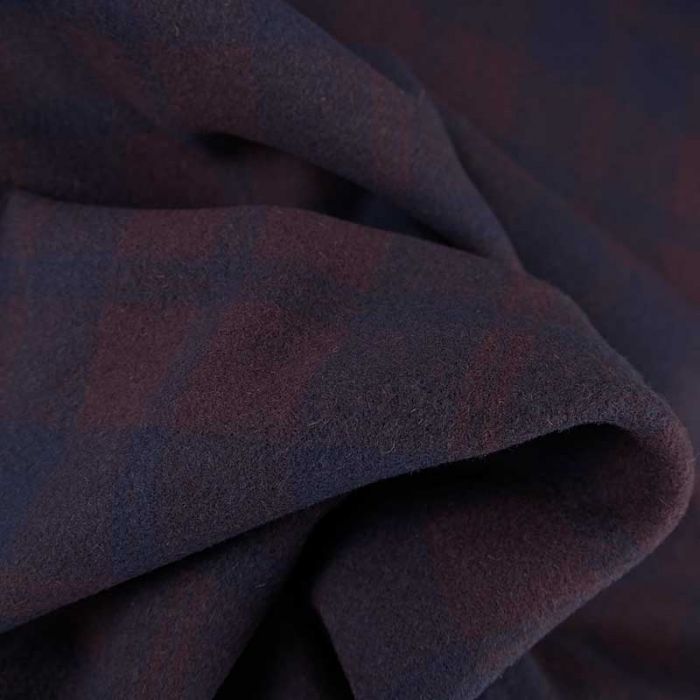 Tissu drap de laine carreaux haute couture - aubergine x 10 cm