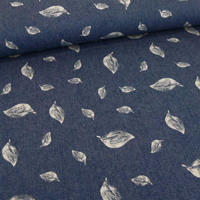 Tissu jean denim imprimés feuilles - bleu x 10 cm