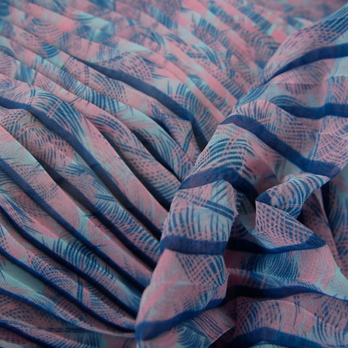 Tissu crêpe plissé feuilles palmier - bleu x 10 cm