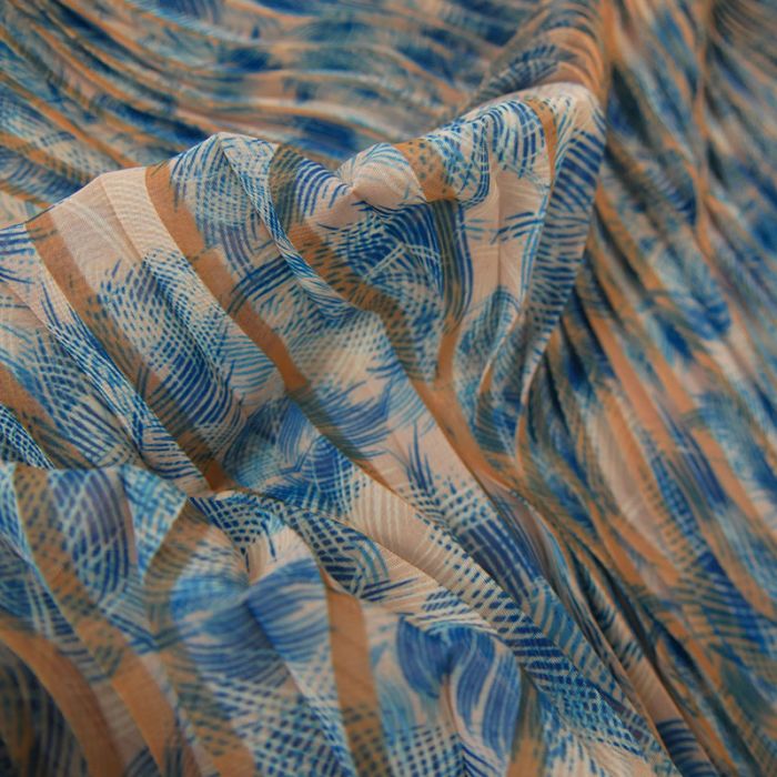 Tissu crêpe plissé feuilles palmier - beige x 10 cm
