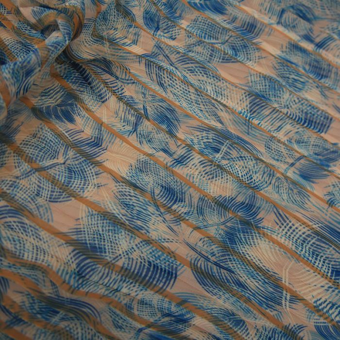 Tissu crêpe plissé feuilles palmier - orange x 10 cm