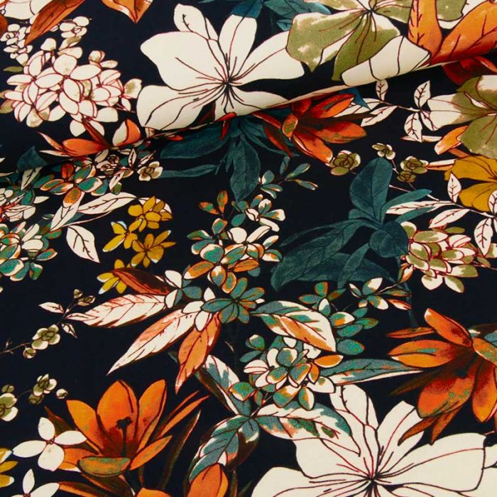 Tissu jersey fin fleurs d'automne - noir x 10 cm