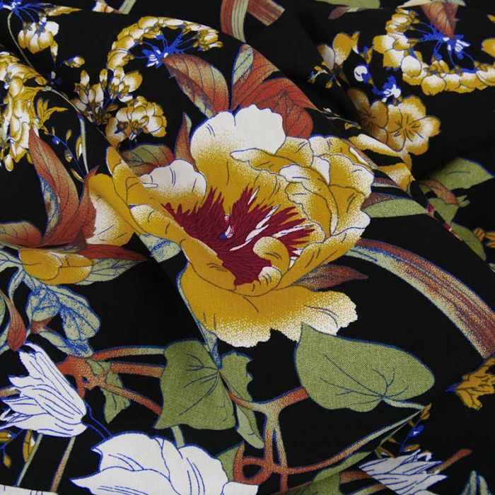 Tissu viscose composition florale - noir x 10 cm