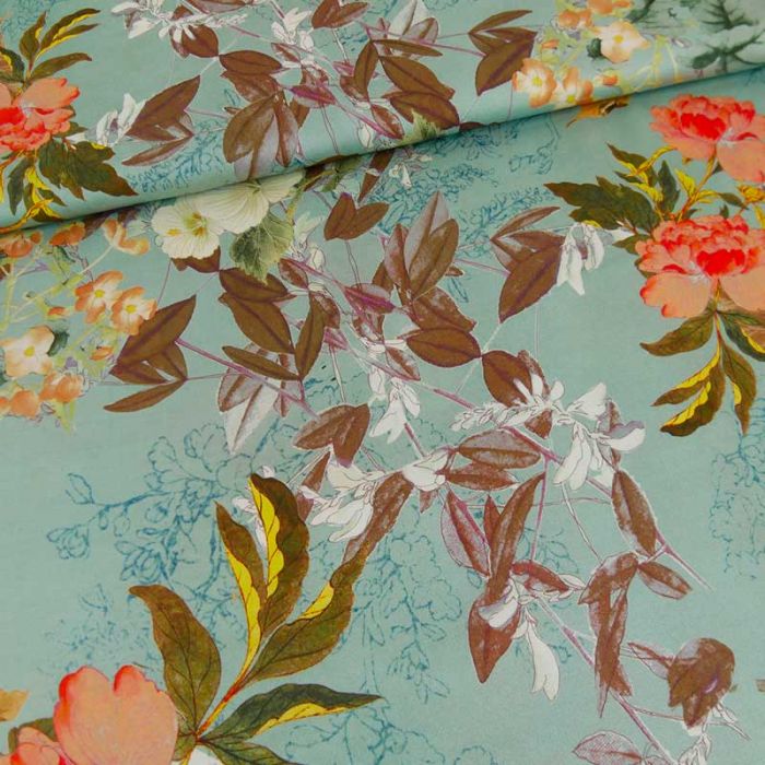 Tissu viscose fleurs du japon haute couture - bleu gris x 10 cm