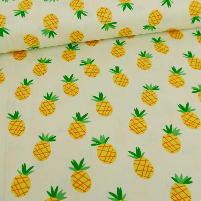 Tissu popeline coton ananas - jaune x 10 cm