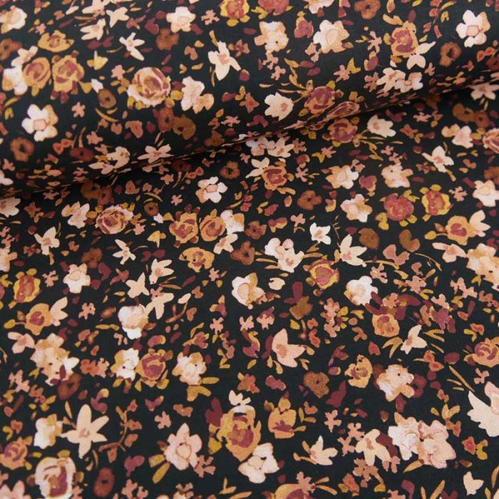 Tissu popeline coton fleurs aquarellées - noir x 10cm