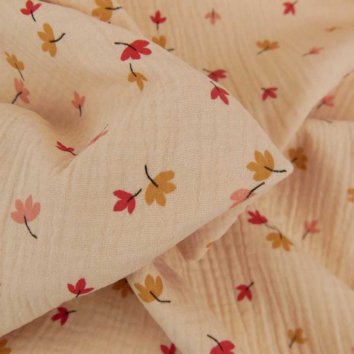 Tissu double gaze bio feuilles d'automne - rose nude x 10cm