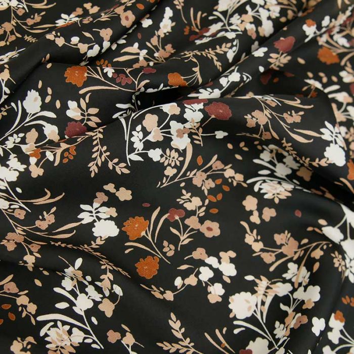 Tissu polyester satiné fleurs - noir x 10 cm