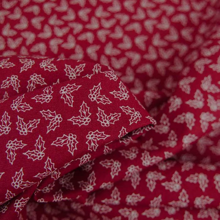 Tissu popeline de coton houx de noël - rouge x 10 cm