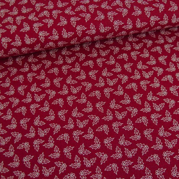 Tissu popeline de coton houx de noël - rouge x 10 cm