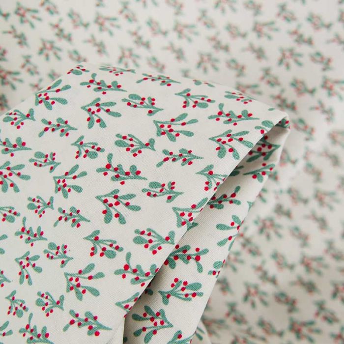 Tissu popeline de coton motifs gui - blanc x 10 cm