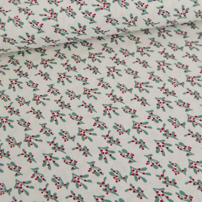 Tissu popeline de coton houx de noel - blanc x 10 cm