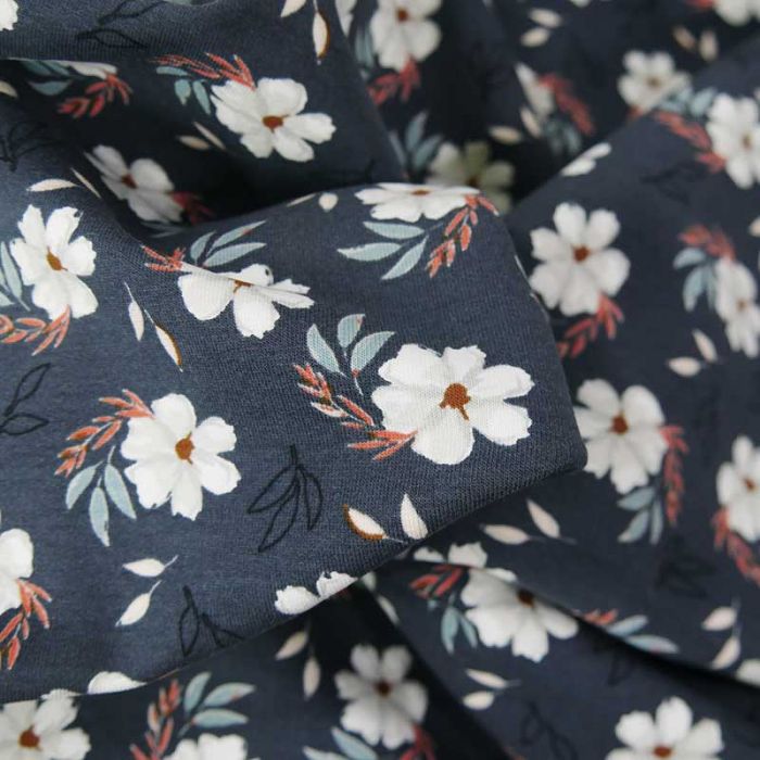 Tissu jersey fleurs pervenches - gris foncé x 10 cm