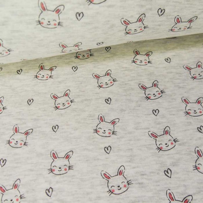 Tissu jersey sweat léger petits lapins - écru chiné x 10 cm